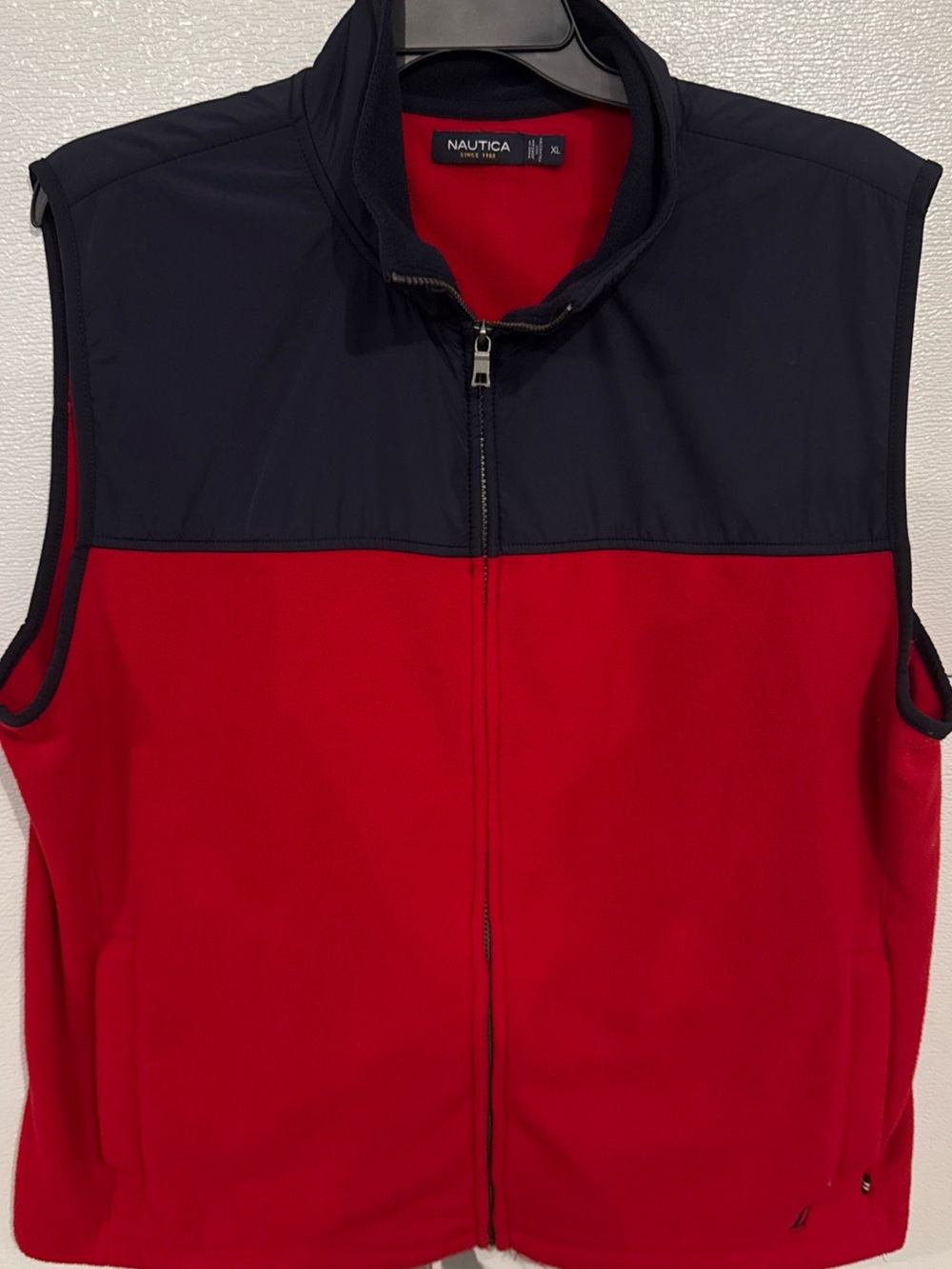 Nautica Men's XL Red Navy Full Zip Fleece Vest Colorblock Casual Outdoor